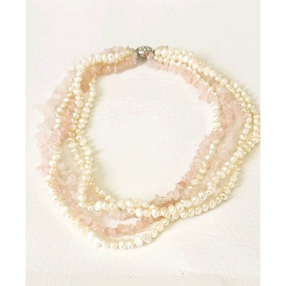 Vintage Genuine Rose Quartz & Pearl Triple 5 Strand Necklace 18" - Picture 1 of 7